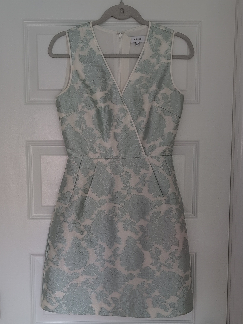 Reiss Blue and Cream Floral Jacquard V-Neck Sheath Dress